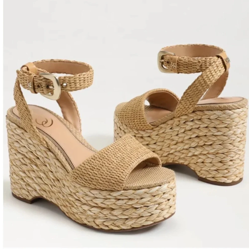 Sam Edelman April Platform Wedge Sandals – Sand Raffia - Size 9.5